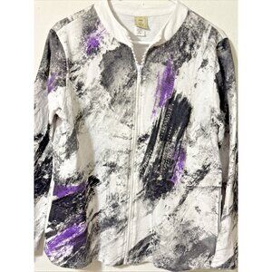 Jess & Jane Sweatshirt Zip Jacket Splatter Purple Black White Size Medium